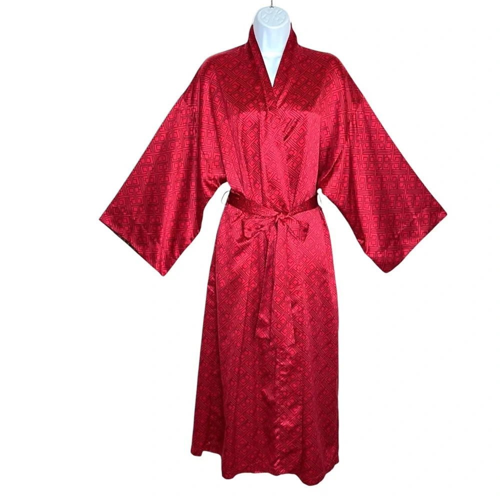 Natori Belted Satin Kimono Robe Womens M Dark Red Floral Accent Greek Key Print